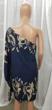 Spring Summer Positioning Print Ombre One Shoulder Casual Dress