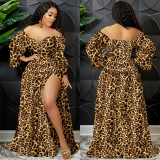 Printed V-Neck Wrap Chest Long Wide-Sleeve Irregular Slit Maxi Dress