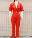 Spring/Summer Fit Turndown Collar Short Sleeve Professional Ol Jumpsuit