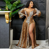 Printed V-Neck Wrap Chest Long Wide-Sleeve Irregular Slit Maxi Dress