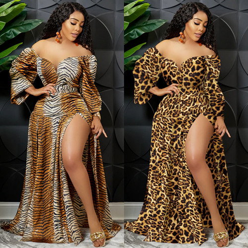 Printed V-Neck Wrap Chest Long Wide-Sleeve Irregular Slit Maxi Dress