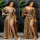 Printed V-Neck Wrap Chest Long Wide-Sleeve Irregular Slit Maxi Dress