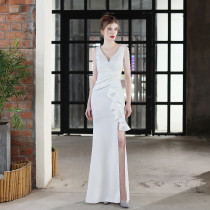 Elegant Bride Solid V-Neck  Ruffled Slit Slim Fishtail Wedding Dress