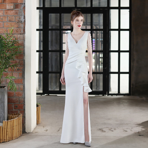 Elegant Bride Solid V-Neck  Ruffled Slit Slim Fishtail Wedding Dress
