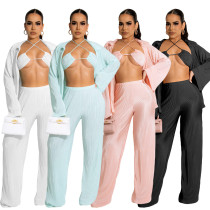 Fall Solid Bra Long Sleeve Shirt Wide Leg Pants Three-Piece Set