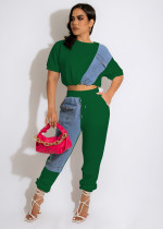 Women'S Casual Sports Color Contrast Denim Patchwork Pocket Drawstring Elastic Short Sleeve Two Piece Trousers Set Women'S Casual Sports Color Contrast Denim Patchwork Pocket Drawstring Elastic Short Sleeve Two Piece Trousers Set