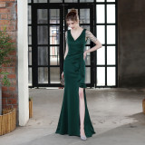 Elegant Bride Solid V-Neck  Ruffled Slit Slim Fishtail Wedding Dress