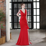 Elegant Bride Solid V-Neck  Ruffled Slit Slim Fishtail Wedding Dress