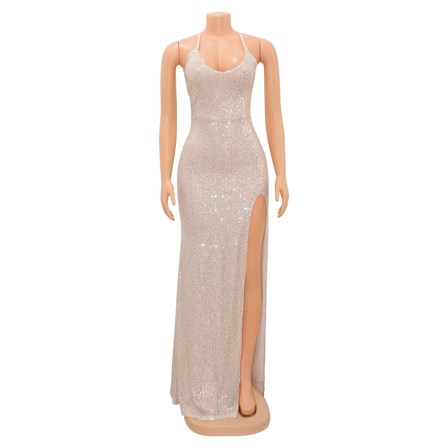 Women Fashion Sexy Low Back Lace-Up Sequin Slit Evening Dress