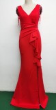 Elegant Bride Solid V-Neck  Ruffled Slit Slim Fishtail Wedding Dress