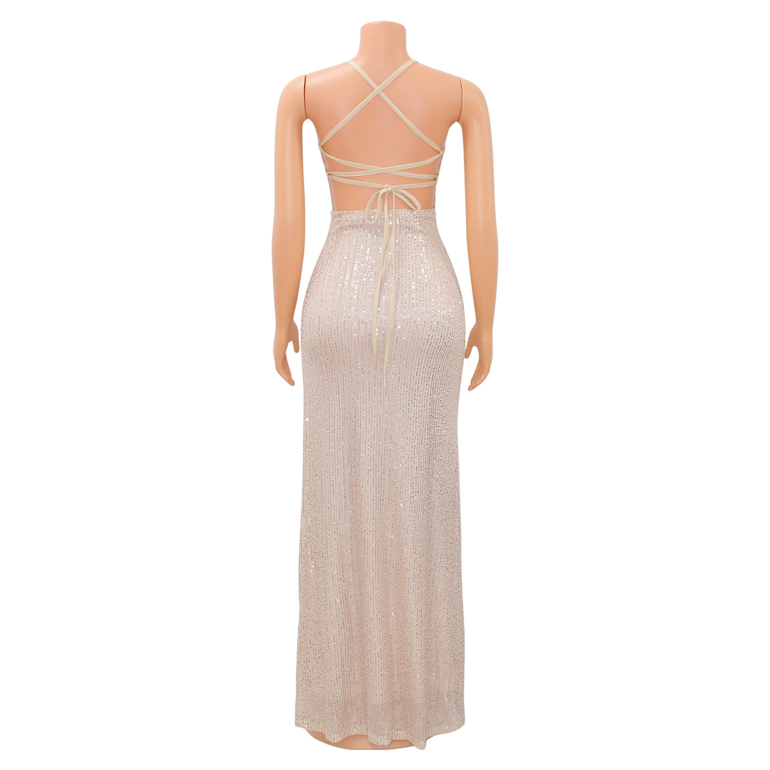 Women Fashion Sexy Low Back Lace-Up Sequin Slit Evening Dress