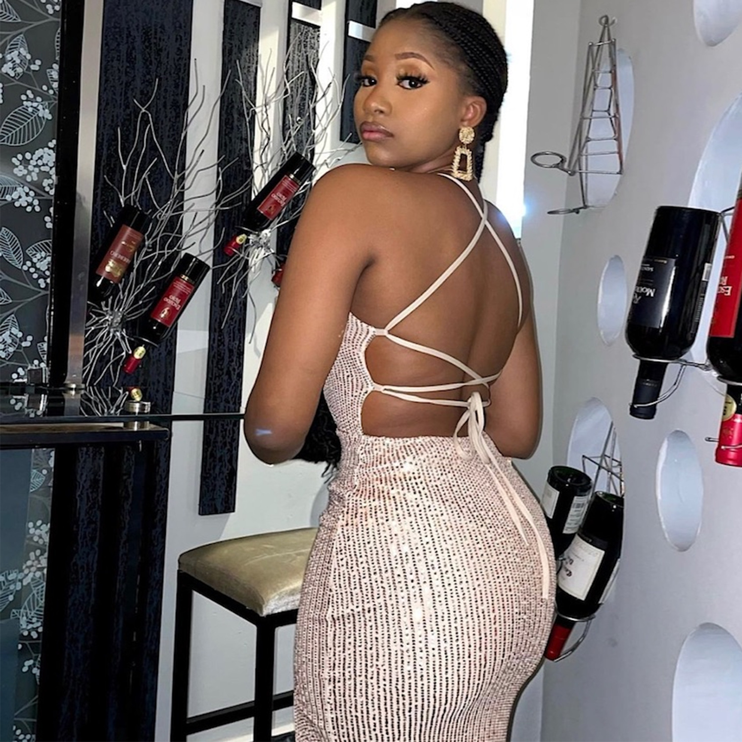 Women Fashion Sexy Low Back Lace-Up Sequin Slit Evening Dress