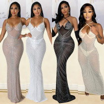 Summer Ladies Sexy Mesh Beaded Nightclub Strap Evening Dress