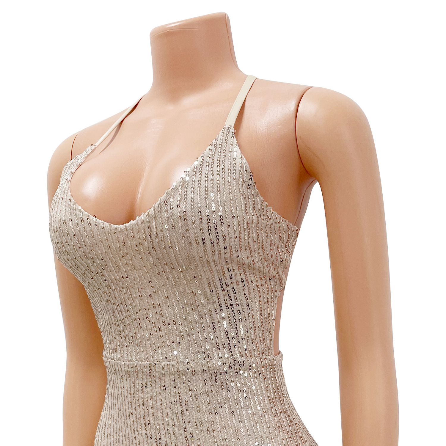 Women Fashion Sexy Low Back Lace-Up Sequin Slit Evening Dress