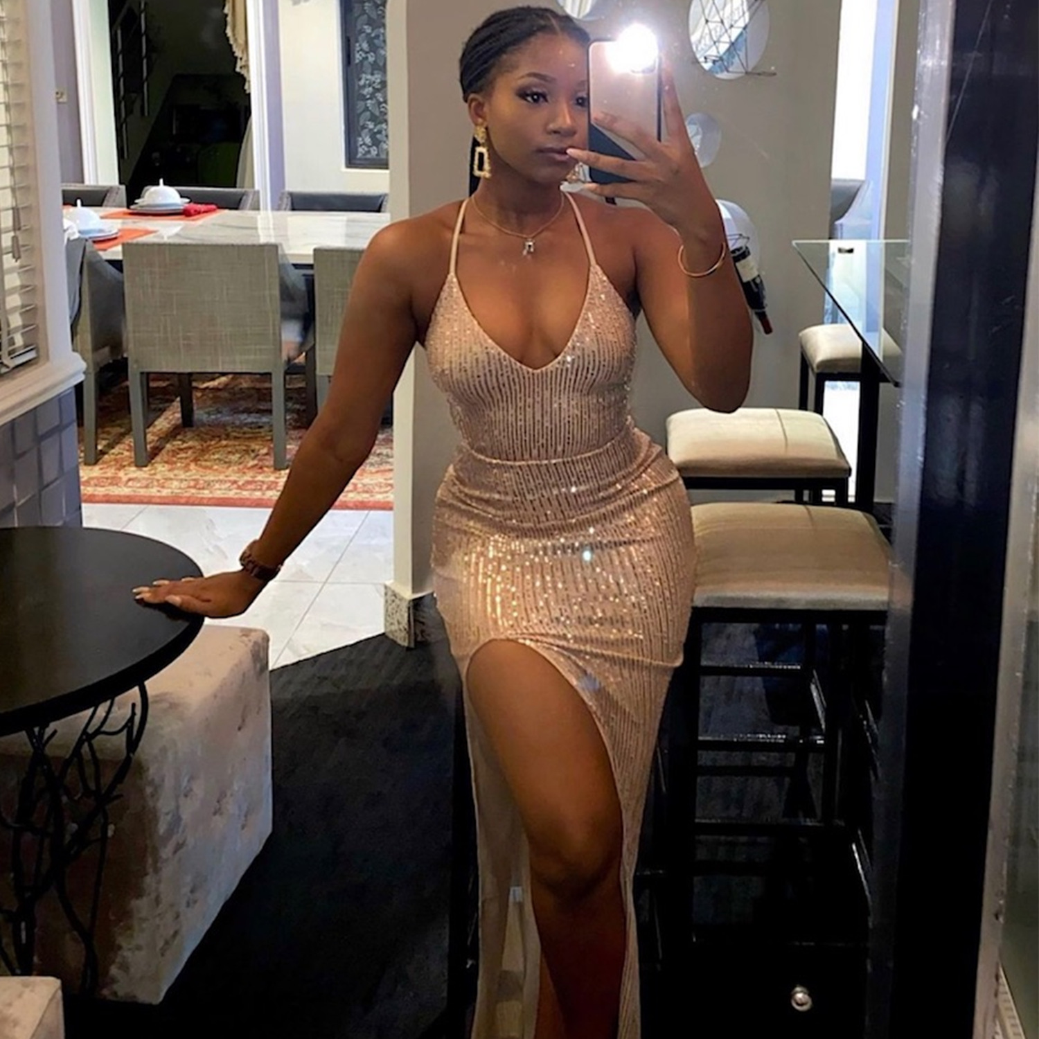 Women Fashion Sexy Low Back Lace-Up Sequin Slit Evening Dress