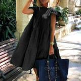 Summer Women Vintage Floral Loose Casual Round Neck Short Sleeve Dress