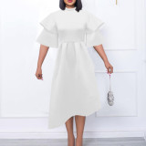 Women Double Layer Ruffle Sleeve Solid Swing Dress Dress