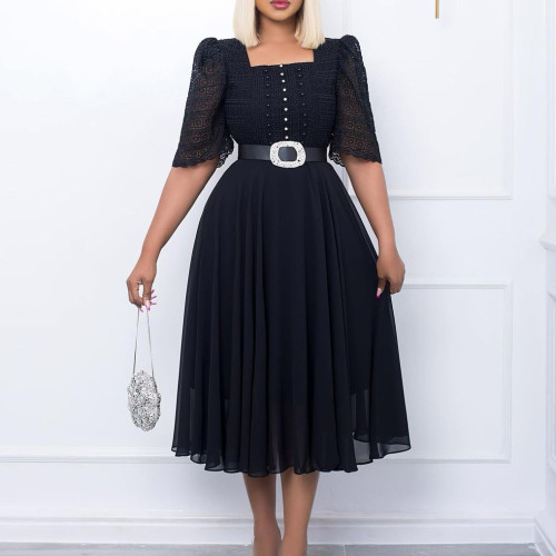 African Women Short Sleeve Square Neck With Belt Chiffon Beaded Dress