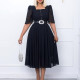 African Women Short Sleeve Square Neck With Belt Chiffon Beaded Dress