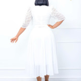 African Women Short Sleeve Square Neck With Belt Chiffon Beaded Dress