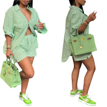 Women Striped Loose Long Sleeve Shirt + Shorts Two Piece Set