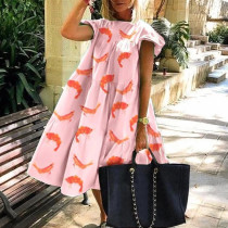 Plus Size Women Summer Dress Round Neck Pink Maple Leaf Casual Beach Dress Plus Size Women Summer Dress Round Neck Pink Maple Leaf Casual Beach Dress