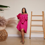 Summer Solid Off Shoulder Ruffled Long Sleeve Loose Casual Dress