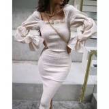 Elegant Fall Off Shoulder Puff Sleeve Slim Midi Dress