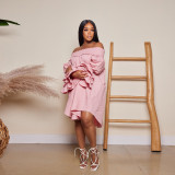 Summer Solid Off Shoulder Ruffled Long Sleeve Loose Casual Dress