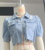 Rotten Vintage Ripped Puff Sleeve Crop Denim Jacket