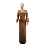 Women Casual Long Sleeve Solid V-Neck - Long Dress