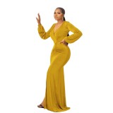 Women Casual Long Sleeve Solid V-Neck - Long Dress