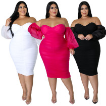 Plus Size Women Fall Mesh Pleated Long Sleeve Dress Plus Size Women Fall Mesh Pleated Long Sleeve Dress