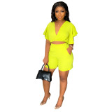 Women Summer Ruffle Short V-Neck Top+ Casual Shorts Two-Piece Set
