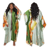 Women Long Sleeve Print Fashion Long Trench Coat