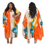 Women Long Sleeve Print Fashion Long Trench Coat