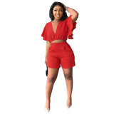 Women Summer Ruffle Short V-Neck Top+ Casual Shorts Two-Piece Set