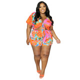 Plus Size Women Casual Cut Out Lace-Up Print Top+ Shorts Two-Piece Set
