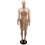 Women Solid Color Sexy V-Neck Ruffle Bodycon Dress