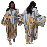 Women Long Sleeve Print Fashion Long Trench Coat