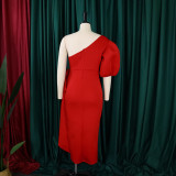 Women Summer Puff Sleeve Formal Party Slit Gown Dress