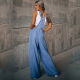 Fall Women'S Solid Casual Loose Ripped Denim Women'S Overalls Wide Leg Suspender Trousers