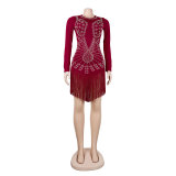 Women Sexy Long Sleeve Rhinestone Fringe Bodycon Dress