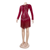 Women Sexy Long Sleeve Rhinestone Fringe Bodycon Dress