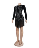 Women Sexy Long Sleeve Rhinestone Fringe Bodycon Dress