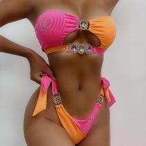 Women Sexy Crystal Diamond Bikini Removable Chest Pad Two Pieces Swimwear