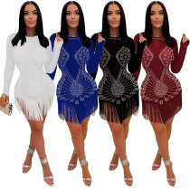 Women Sexy Long Sleeve Rhinestone Fringe Bodycon Dress