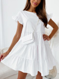 Women Summer Loose Bell Bottom Sleeve Round Neck Irregular Dress