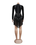 Women Sexy Long Sleeve Rhinestone Fringe Bodycon Dress