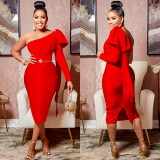 Ladies Fashion Slash Shoulder Single Long Sleeve Bow Ribbon Dress